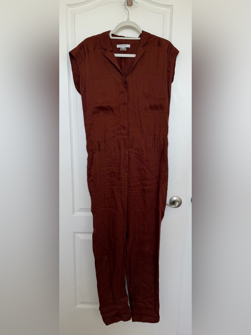 EUC Gerard Darel Women's Rust/Cinnamon Cap-Sleeve Linen Jumpsuit size 38 / US 6
